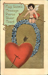 Cupid shooting arrow through large heart Postcard