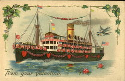 Ship covered with flowers and hearts Postcard