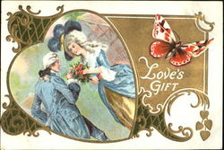 18th Century Couple with Bouquet of Flowers inside a Heart Frame, with Butterfly Couples Postcard Postcard