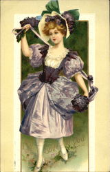 Woman wearing a dress and hat holding flowers Postcard