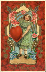 Little Girl Dressed in Green Holding a Heart Postcard