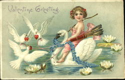 Cupid riding swan with doves and flowers Postcard