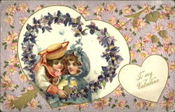 Child couple enclosed in heart of violets Children Postcard Postcard