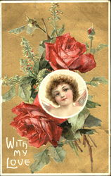 Cupid face in circle, red roses Postcard Postcard