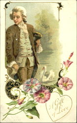 Man in colonial dress, swawn, pink & white flowers Postcard