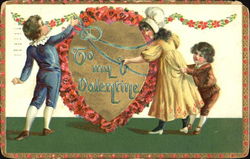 Girl and boy decorating heart, little boy pulling on girl's dress Children Postcard Postcard