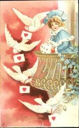 Girl sitting in a vase with birds Postcard