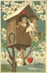 Cupids sitting in birdhouse, playing musical instruments Postcard