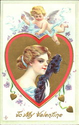 Woman with fan and Cupid Postcard