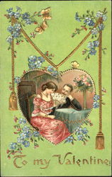 Couple sitting at table, woman holding fan Postcard