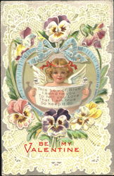 Cupid in heart of blue ribbon with pansies Postcard