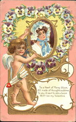 Cupid and woman's portrait with pansies Postcard