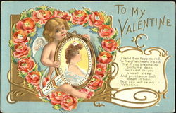 Cupid in Heart-Shaped Wreath Holding a Picture of a Woman Postcard Postcard