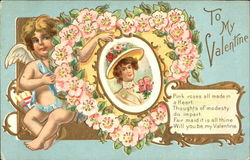 Womans head in cameo, surrounded by pink flowered heart, cupid Postcard