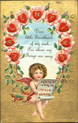 Cupid Holding Sheet Music With Heart Notes Postcard