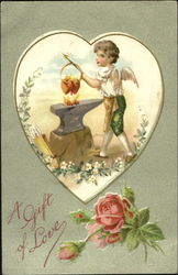 Cupid Forging Two Hearts Together Over Fire in Anvil Postcard