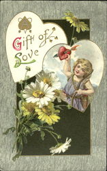 Two hearts, 1 with text, other with cupid holding heart with arrow in it Postcard