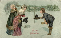 Winter Scene with Boy Bowing to Girls Couples Postcard Postcard