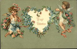 Two cherubs holding valentine, vines and flowers Postcard