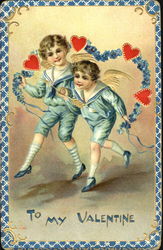 Two cupids in blue sailor suits, caring bower of blue flowers & hearts Postcard