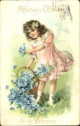 Girl in Pink Dress with Basket of Blue Flowers Postcard