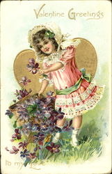 Pink-frocked girl with large basket of violets Postcard