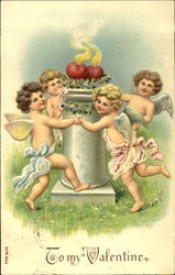 Cupids dancing around hearts Postcard