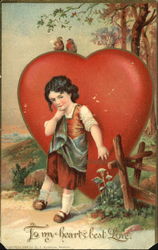 Girl Outdoors in Front of Large Red Heart Postcard