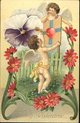 Boy cupid, with heart and arrow, courtine girl cupid Postcard