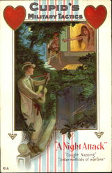 Man serenading woman, with gladiator-dressed cupid attending Postcard Postcard