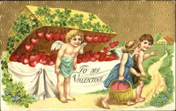 Children Holding hands, Cupid watching from afar Postcard