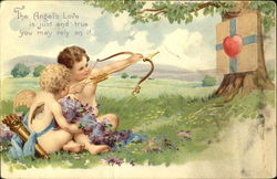 Two cupids, one aiming at package with heart attached to tree Postcard