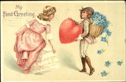 Girl in pink dress, curtseying to boy holding big heart Postcard