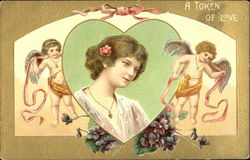 Woman in green heart, two cupids Postcard