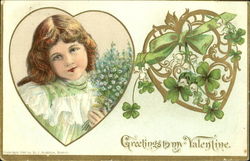 Girl Holding Flower Bouquet Framed in a Heart Children Postcard Postcard