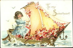 Girl in small sailboat, red flowers Postcard