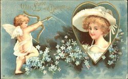 Cupid with beautiful lady in heart Postcard