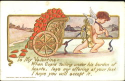 Cupid Pulling Chariot Filled With Hearts Postcard Postcard