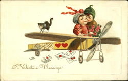 Girl and boy in toy apirplane with cat on wing Postcard