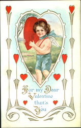 Cupid in blue shorts holding big heart Postcard