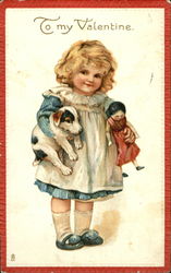 Girl holding doll and puppu Postcard