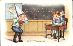 Boy with dunce cap teasing little girl Postcard