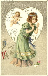 cupid, girl in green dress looking down at card and flower Children Postcard Postcard