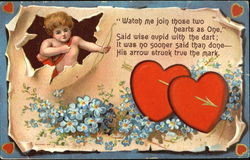 Cupid shooting arrow through hearts Postcard