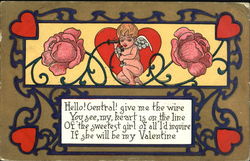 Cupid talking on telephone, red flowers Postcard Postcard