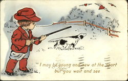 Boy with hunting knife, pointer dog, hearts with wings Children Postcard Postcard