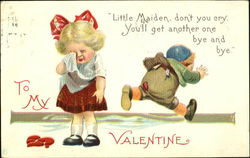 Little girl sobbing as little boy runs away, broken heart Postcard