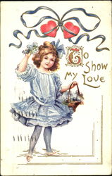 Girl in blue dress, blue ribbons with 2 red hearts Postcard