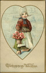 Dutch girl holding basket of pink flowers Postcard