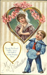 Sailor Boy Looking at Girl in Heart-Shaped Frame Children Postcard Postcard